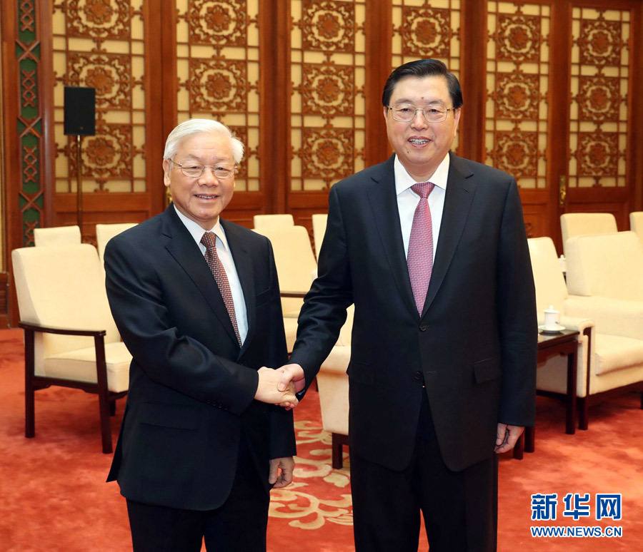 1月13日，中共中央政治局常委、全國(guó)人大常委會(huì)委員長(zhǎng)張德江在北京人民大會(huì)堂會(huì)見(jiàn)越共中央總書(shū)記阮富仲。 新華社記者 劉衛(wèi)兵 攝