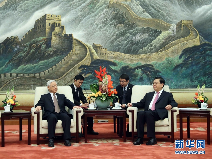 1月13日，中共中央政治局常委、全國(guó)人大常委會(huì)委員長(zhǎng)張德江在北京人民大會(huì)堂會(huì)見(jiàn)越共中央總書(shū)記阮富仲。 新華社記者 劉衛(wèi)兵 攝