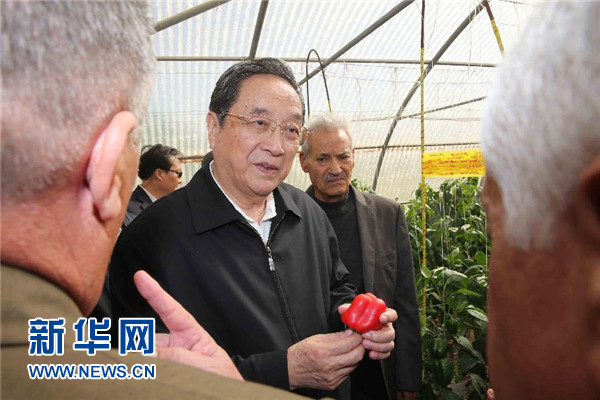 11月8日，正在約旦進(jìn)行正式友好訪問的全國(guó)政協(xié)主席俞正聲在約旦河谷參觀碩果農(nóng)業(yè)合作社。 新華社記者 劉衛(wèi)兵 攝 