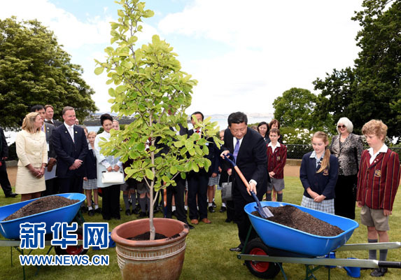 11月18日，國家主席習(xí)近平在澳大利亞塔斯馬尼亞州與朗塞斯頓市斯科奇－歐克伯恩小學(xué)的小學(xué)生共同植樹。新華社記者 饒愛民 攝