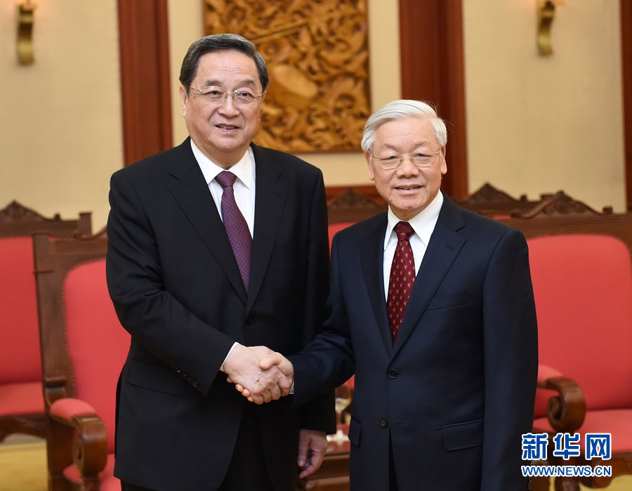 12月25日至27日，中共中央政治局常委、全國政協主席俞正聲對越南進行正式訪問。這是12月26日，俞正聲在河內會見越共中央總書記阮富仲。 新華社記者劉建生攝