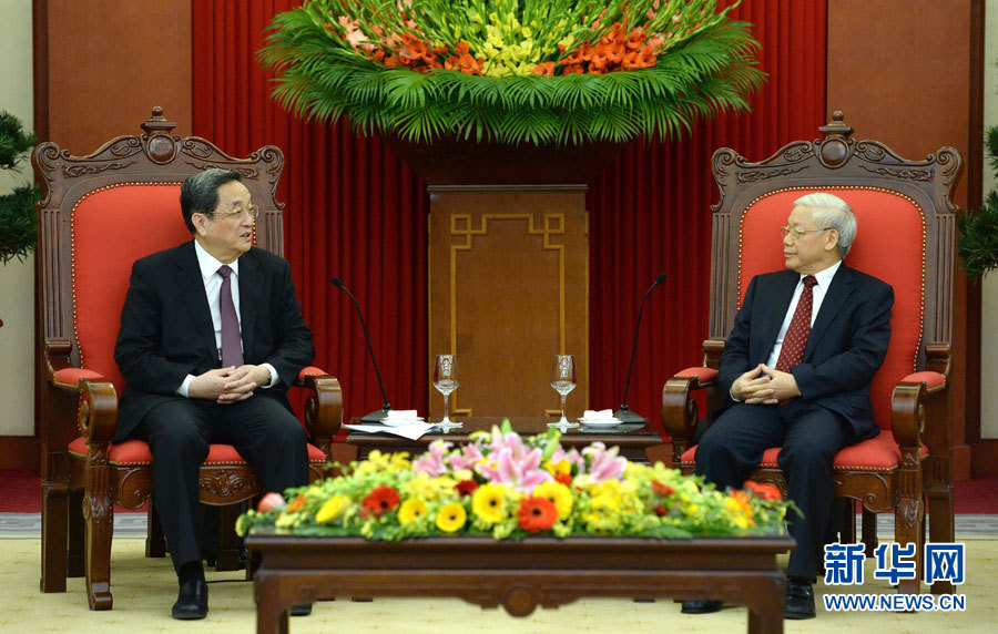 12月25日至27日，中共中央政治局常委、全國政協主席俞正聲對越南進行正式訪問。這是12月26日，俞正聲在河內會見越共中央總書記阮富仲。 新華社記者馬占成攝
