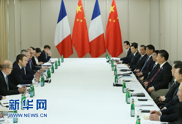 7月8日，國家主席習(xí)近平在漢堡會(huì)見法國總統(tǒng)馬克龍。新華社記者 姚大偉 攝